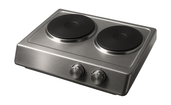 Compact two-burner electric cooktop with knob controls and a sturdy metal finish.