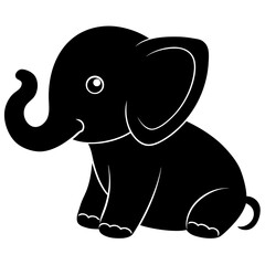 Cute Baby Elephant Silhouette Sitting - Adorable Black Vector Calf Icon with Simple Details for Nursery or Logo
