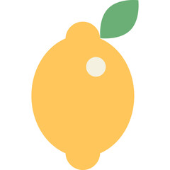 A simple flat design illustration of a yellow lemon with a green leaf and a small white highlight on a transparent background, representing freshness and natural ingredients