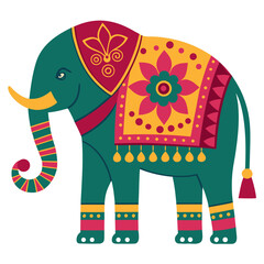 Majestic Decorated Festival Elephant Vector - Traditional Indian Animal with Colorful Ornate Blanket and Mandala Patterns
