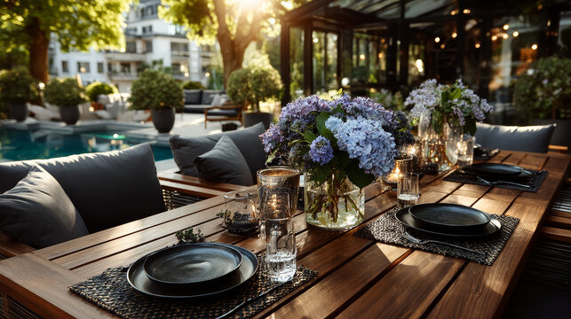 Empty table in a sun drenched summer garden for product placement with focus to the table top in the foreground