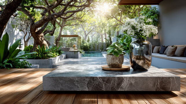 Empty table in a sun drenched summer garden for product placement with focus to the table top in the foreground