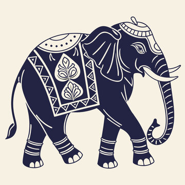 Decorated Indian Elephant Silhouette with Traditional Ornaments and Howdah - Regal Vector Illustration for Wedding or Cultural Festival
