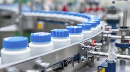 Modern automated bottle filling line with blue caps in manufacturing facility