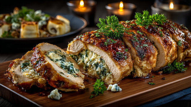 Cordon bleu chicken with parsley served on wooden cutting board