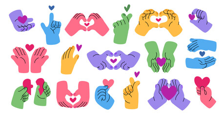 Heart hand gesture symbols for love, friendship, social care and donation. Valentine's day design elements. Couple romantic relationship feelings. Compassion and support vector concept set