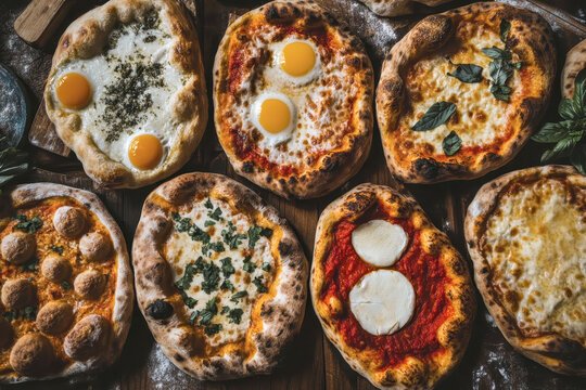 Assorted gourmet pizzas with unique toppings including eggs and fresh herbs