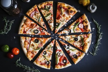 Deliciously sliced pizza with vegetables and olives on dark background