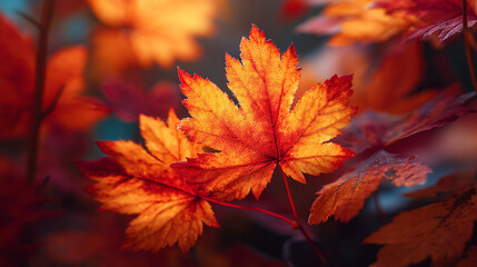 Close up of vibrant orange and red maple leaves during the autumn season with blurred background