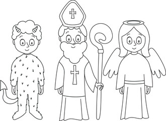 Saint Nicholas, angel and devil coloring page for czech tradition. Winter season worksheet for kids.