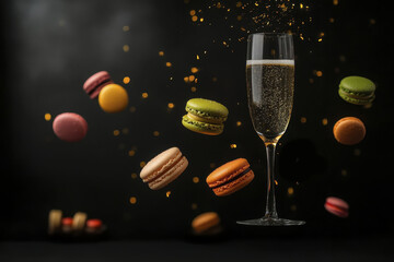 Elegant celebration with sparkling champagne and colorful macarons