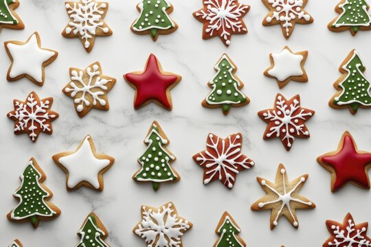 Festive assorted christmas cookies with icing on marble background - Powered by Adobe