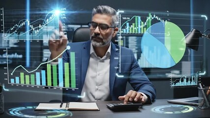 Man in suit analyzing financial data with holographic graphs and charts overlaying - Powered by Adobe