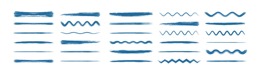 Set of blue brush line, wave line, paintbrush and charcoal. A collage collection of comic drawing lines. Hand drawn crayon underline, zigzag, dash line collection. 