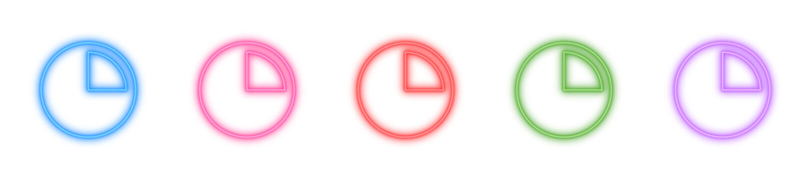 Neon timer indicator vector icons, Glowing clock icon, Bright loading percentage symbol and Luminous pie chart quarter