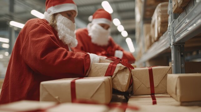 Santa's helpers wrapping gifts in a festive workshop setting