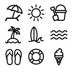 Fototapeta premium Summer icons: beach chair sun bucket island surf waves flip-flops lifebuoy ice cream