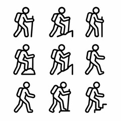 Black and white hiking icon set depicting various walking and climbing poses