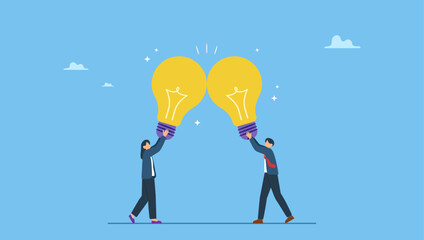 Businessman and businesswoman join or combine lightbulb idea for best result. Combine idea, synergy or collaborate to get solution, brainstorm, teamwork or think together to develop great idea.