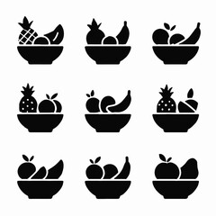 Silhouette of diverse fruit bowls featuring pineapple, bananas, and oranges