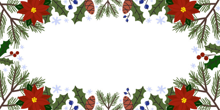 Holiday decorations with vibrant poinsettias and evergreen branches create a festive border
