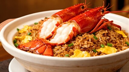 Fried rice with Giant freshwater prawns.Thai street food.