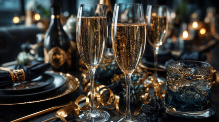 Sparkling champagne on ice for a romantic celebration with gold party streamers and elegant flutes of bubbly, copy space over a dark background