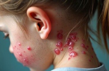 Close view of child face and neck showing red blisters and spots from chickenpox infection. This viral illness causes itchy rash and fever in young kids and toddlers.