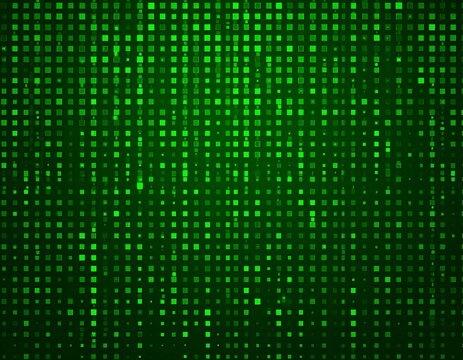 Abstract green squares cascade, resembling data stream or code rain with a digital, futuristic feel