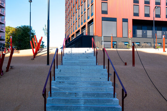 Commercial depiction of urban park playground architecture integrated with landscape and community recreation throughout Oslo Norway, showcasing Loren Aktivitetspark modern design