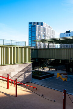 Brand-focused representation of urban park playground architecture and landscape supporting community recreation in Oslo Norway through Loren Aktivitetspark signature modern design