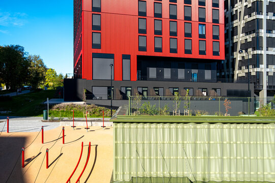 Urban park playground architecture paired with landscape and community recreation spaces in Oslo Norway, communicating Loren Aktivitetspark modern design for marketing contexts