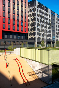 Promotional imagery merging urban park playground architecture with landscape and community recreation across Oslo Norway, centered on Loren Aktivitetspark and its modern design
