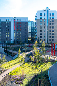 Commercial-oriented angle on urban park playground architecture surrounded by landscape and community recreation in Oslo Norway highlighting the modern design of Loren Aktivitetspark