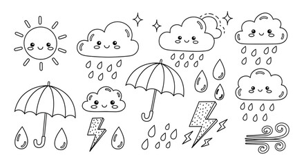 Obraz premium Cute weather icons featuring sun clouds rain umbrellas and lightning in black and white
