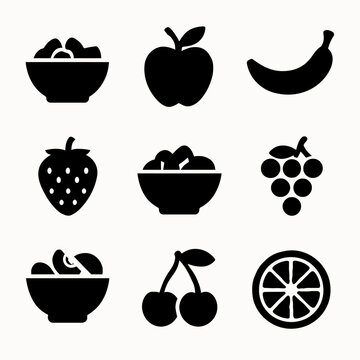 Collection of black silhouette fruit icons including apple, banana, grape, and cherry