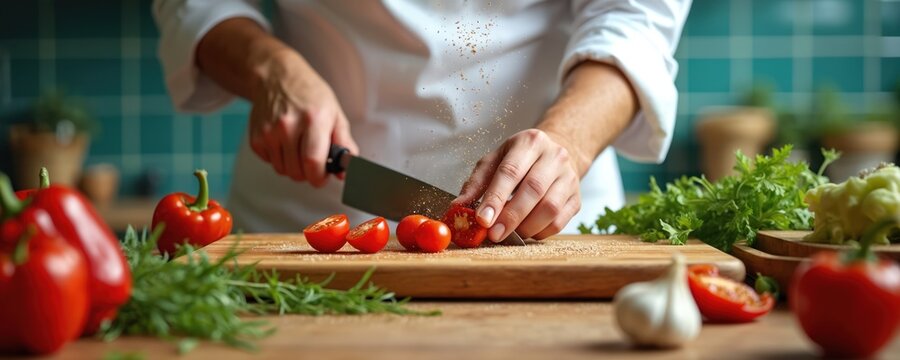 Experienced chef dices fresh tomatoes on wooden cutting board in bright kitchen. Prepares colorful vegetables for nutritious meal using sharp knife. Scene highlights healthy cooking, wholesome