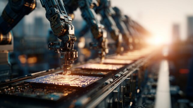 In a modern factory, robotic arms are efficiently assembling intricate circuit boards on an assembly line. These robotic arms demonstrate precision and advanced technology in manuf
