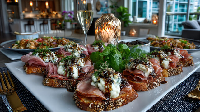 Selection of delicious open sandwiches topped with gouda cheese and assorted meats including roast beef, mortadella, ham and salami