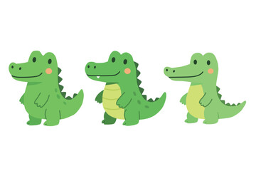 Hand-drawn cute crocodile, alligator, gharial cartoon characters. Adorable green reptiles in playful style, perfect for kids' designs, prints, nursery decor. Flat vector illustration, white background
