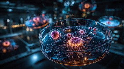 Fototapeta premium petri dish with microbes. bacteria culture.
