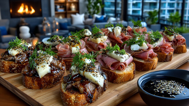 Selection of delicious open sandwiches topped with gouda cheese and assorted meats including roast beef, mortadella, ham and salami