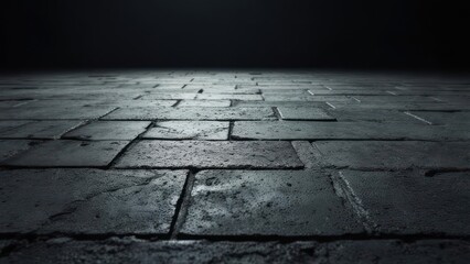 Brick paving texture vanishing towards a dark, empty horizon under a shaded sky