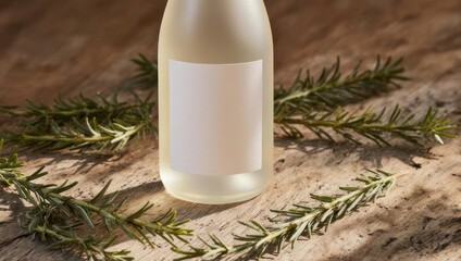 Bottle of clear liquid with a blank label, surrounded by sprigs on a wooden surface