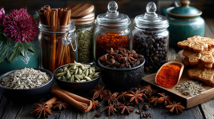 Traditional Christmas spices and cookies arranged as a top border over rustic wood background with cinnamon, star anise, speculoos and star biscuits and dried orange slices, large copyspace