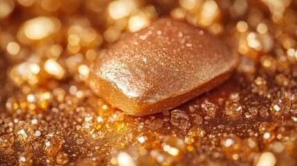 A luxurious scene featuring a golden object with a textured surface displayed upon a bed of shimmering crystals, evoking opulence and wealth.