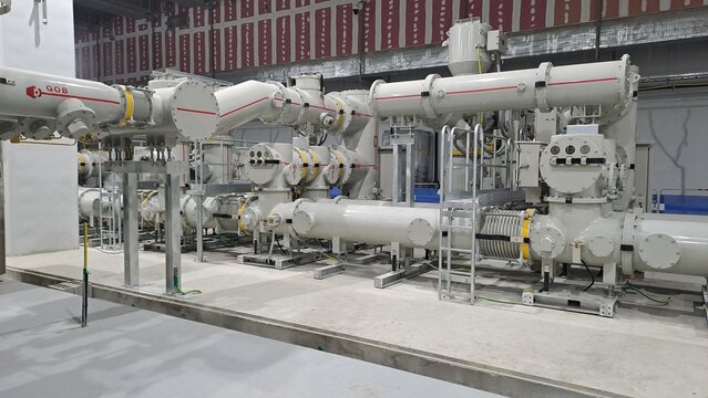 gas insulated switchgear (gis) substation interior with high-voltage components