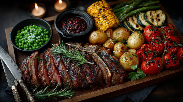 Delicious steakhouse porterhouse steak and colorful fresh roast vegetables with mangetout peas, corn, zucchini, bell pepper, potato and tomato on a wooden board, view from above