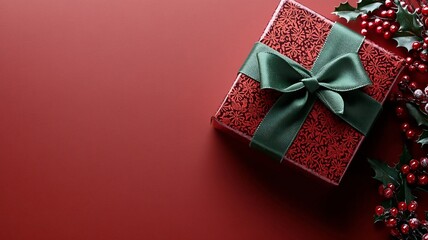 Christmas Gift Box with Green Ribbon, Holly Leaves and Red Berries on Red Background, Ideal for Holiday Poster, Gift Design, Party Invitation, Promotion