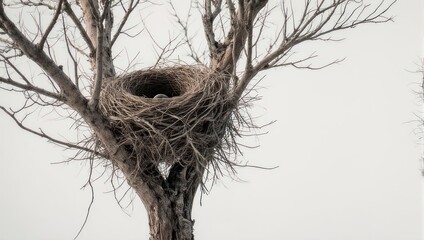 Birds Nest in Bare Tree Branches Against White Sky.